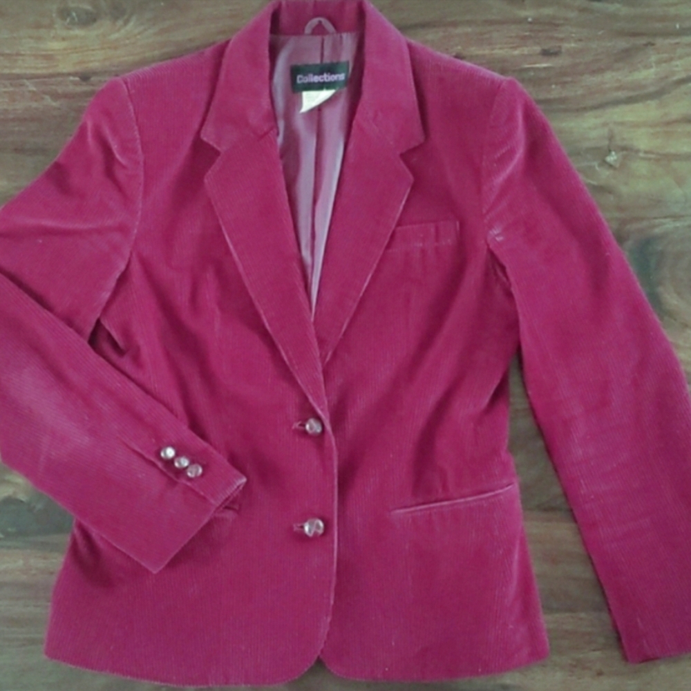VINTAGE Berry-Red Wide-Wale Corduroy Blazer SIZE 6P Tailored Academia Classic - Picture 3 of 14